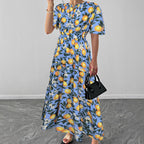 Women's V-Neck Floral Ruched Short-Sleeve A-Line Dress