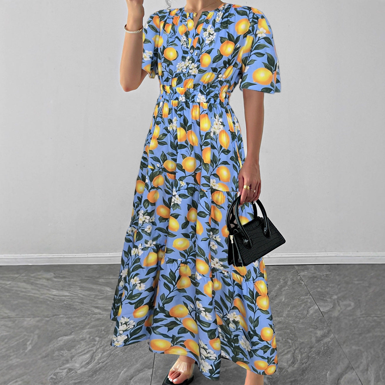 Women's V-Neck Floral Ruched Short-Sleeve A-Line Dress