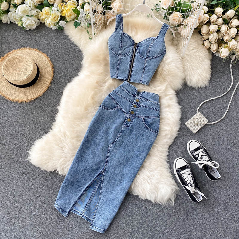 Women's Denim High-Waisted Top and Skirt Two-Piece Set