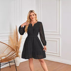 V-Neck Cutout Eyelet Embroidery Pleated Long Sleeve Dress