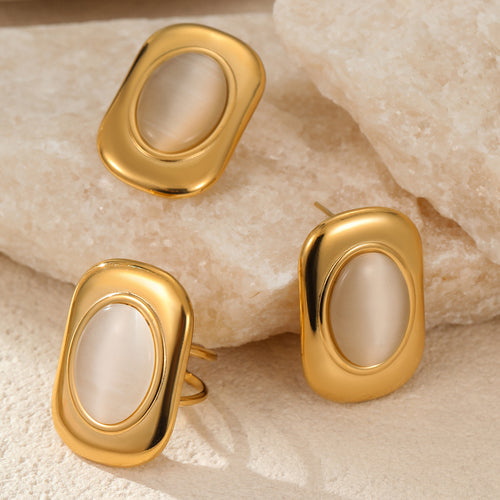 Stainless Steel Cat Eye Ear Stud Ring High Grade Retro Light Luxury High Grade All Match Jewelry