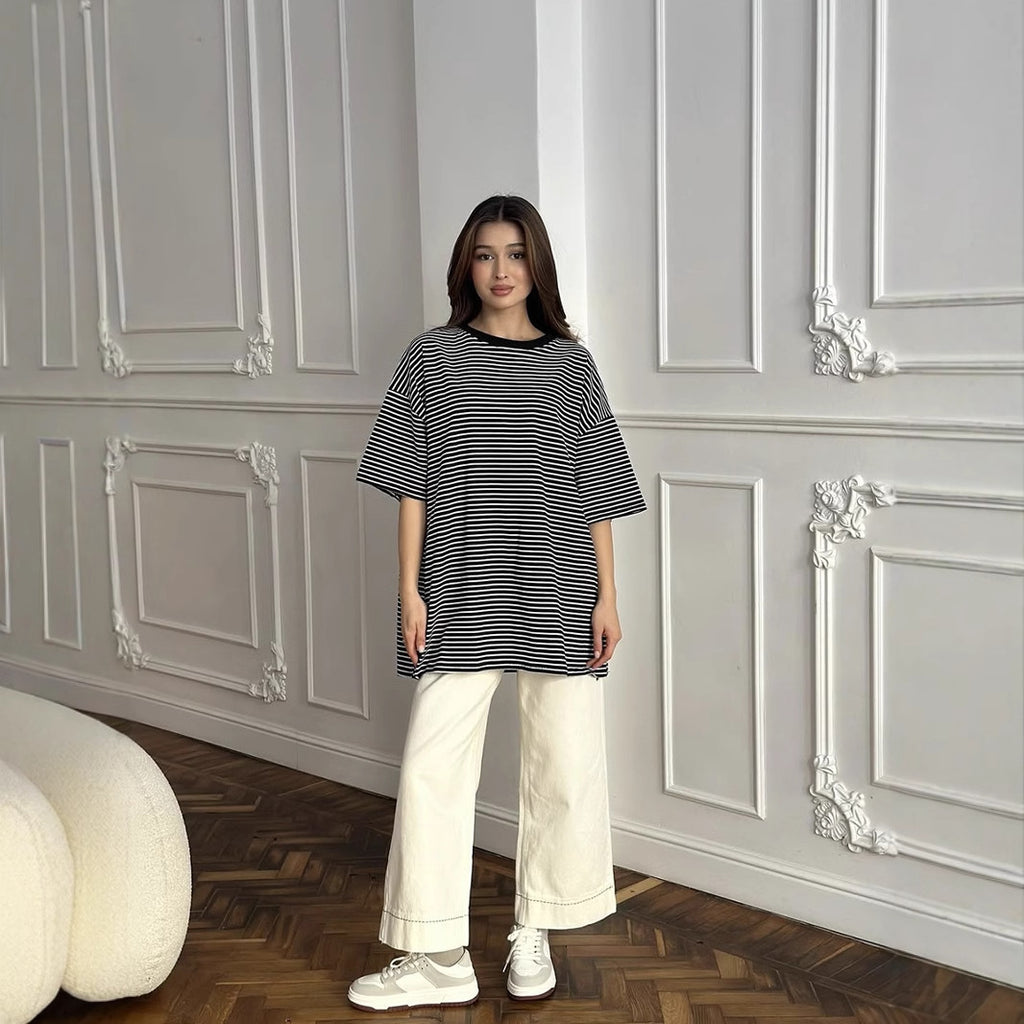 Women's Black White Striped Short Sleeved T Shirt For Women Spring Summer Contrast Color Loose T Shirt Round Neck Casual Top Bottoming Shirt