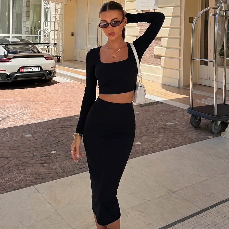 Women's Square Neck Long Sleeve Top & Skirt Set