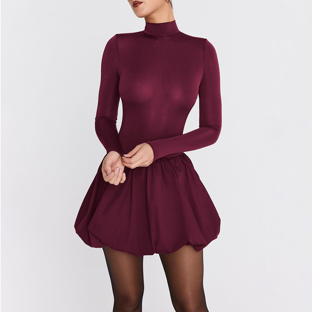 Stand-Collar Cutout Long-Sleeve A-Line Mini Dress