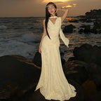 Women's Winter Sexy Backless Gauzy Slim Fit Patchwork Tied Dress