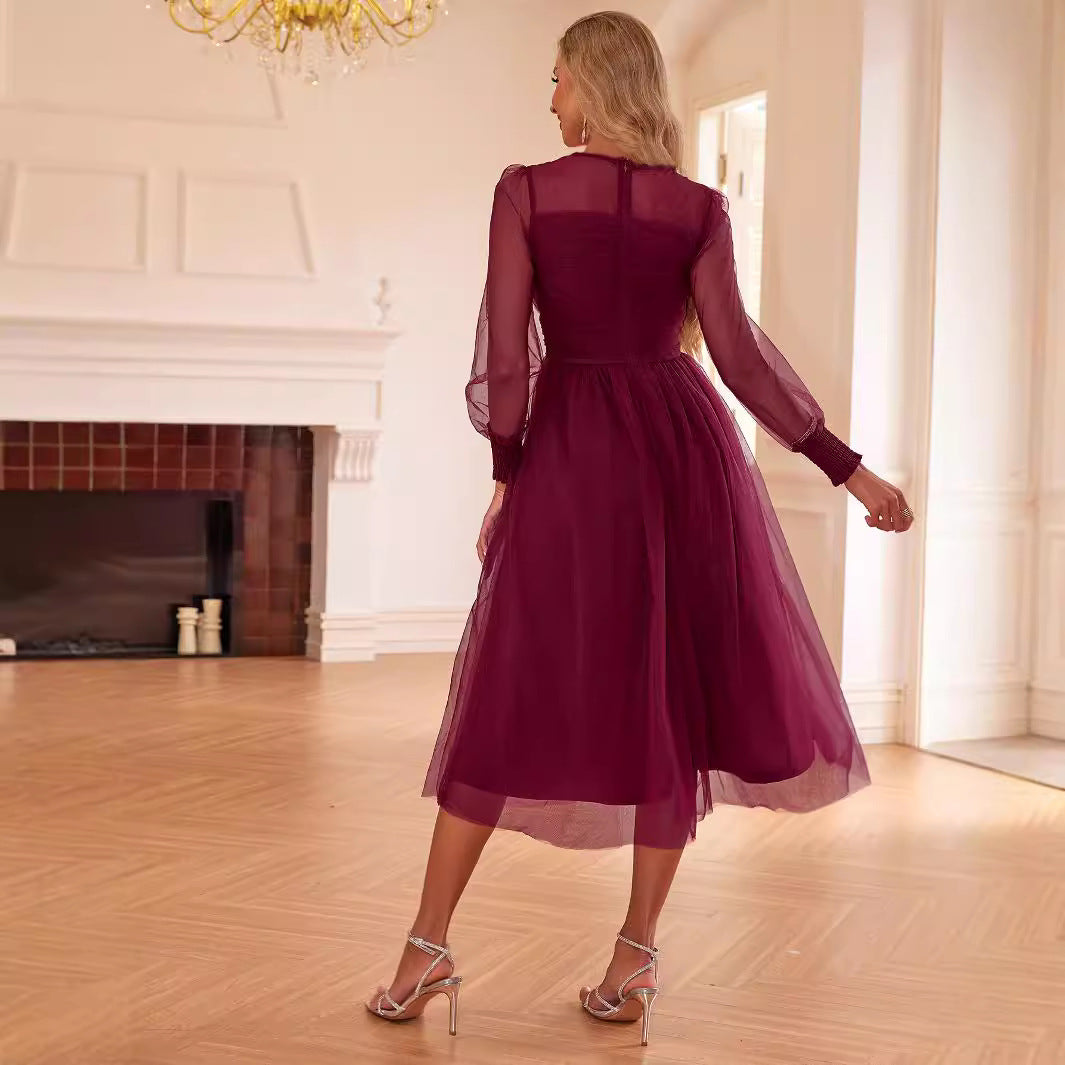 Women's V-Neck Mesh Long-Sleeve Maxi Dress