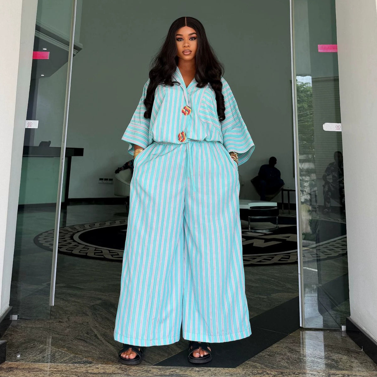 Women's Plus Size Striped Shirt & Trousers Set