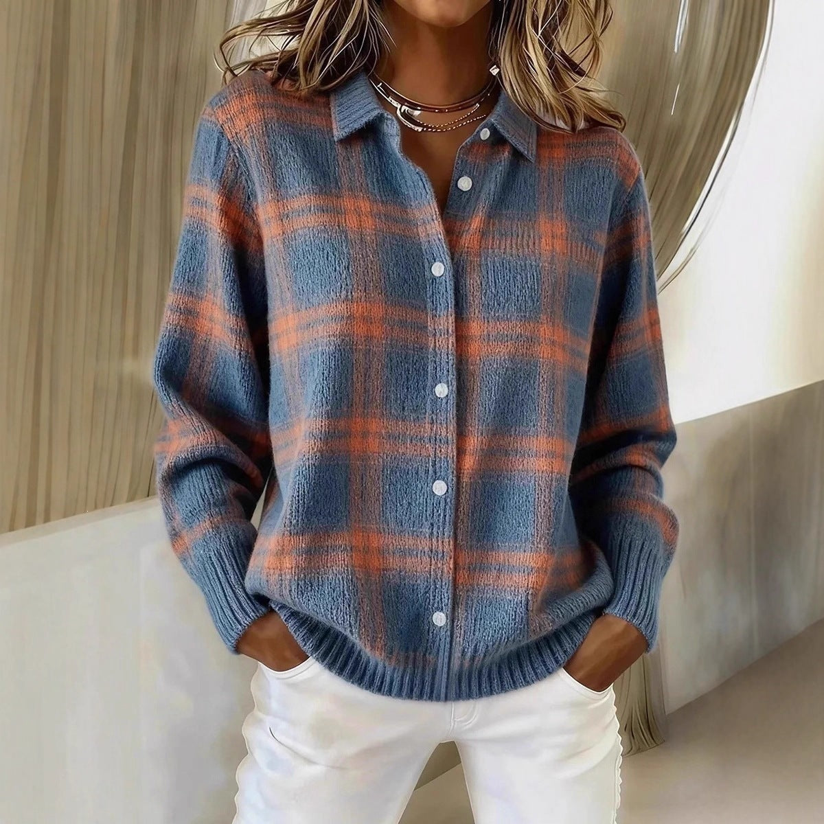 Women's Plaid Collared Cardigan