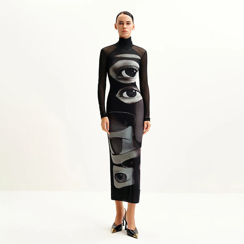 Double-Layer Mesh Turtleneck Dress