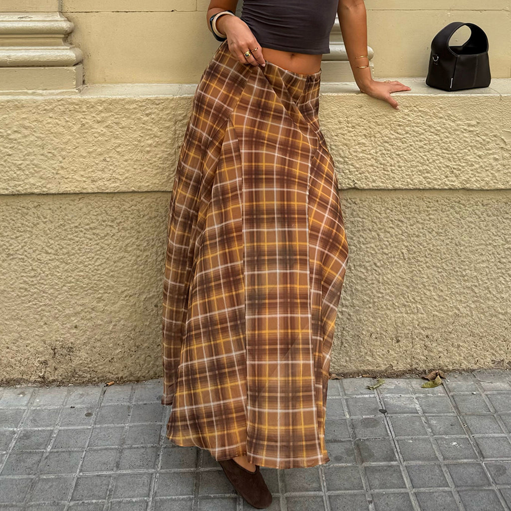 Women's Retro Low Waist Slimming Patchwork Plaid A Line Street Design Casual Skirt