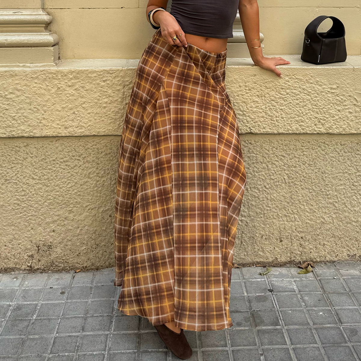 Women's Retro Low Waist Slimming Patchwork Plaid A Line Street Design Casual Skirt