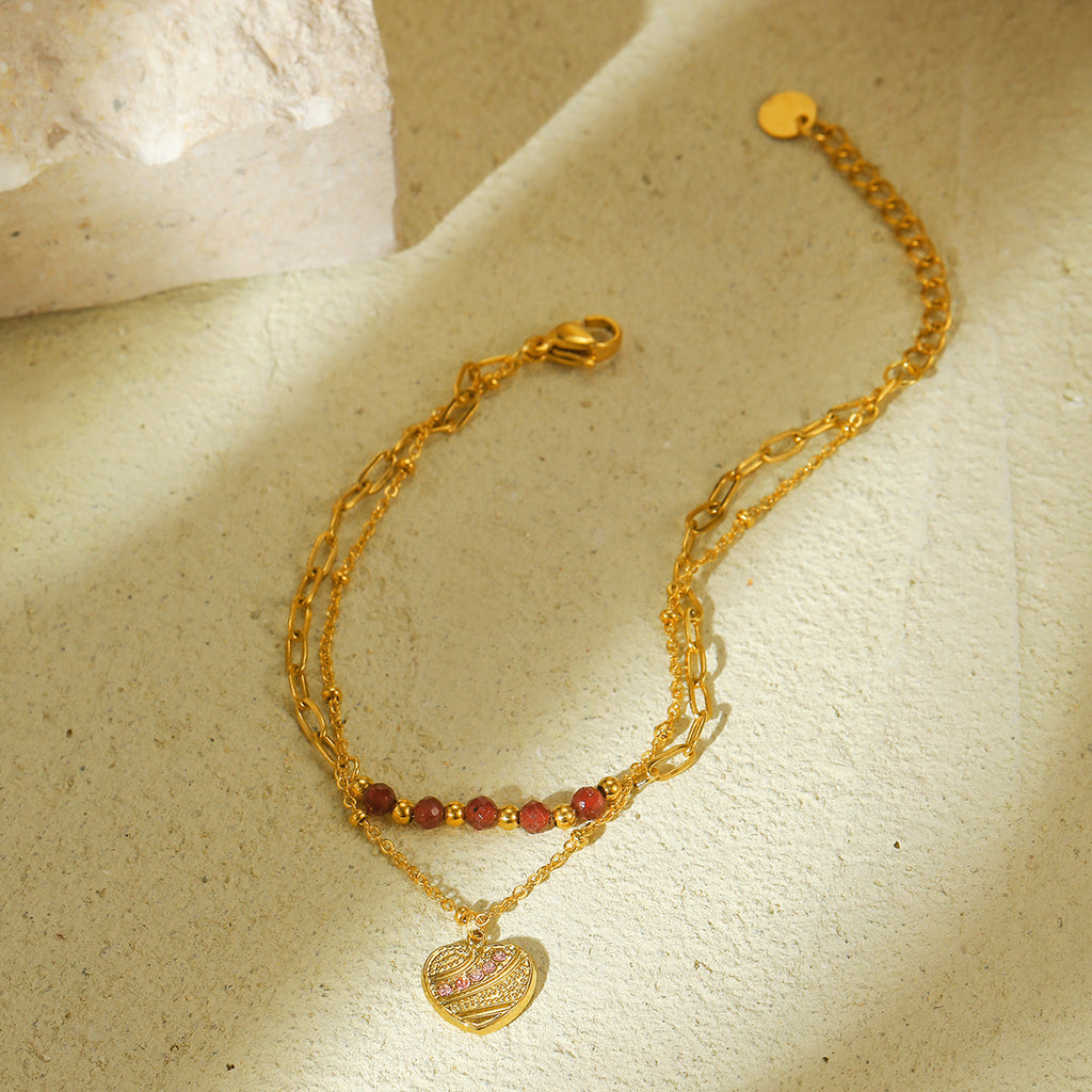 Red Natural Stone Heart Shape with Diamond Bracelet Bracelet