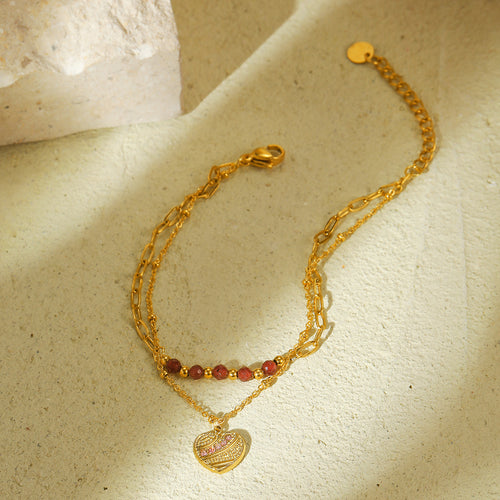 Red Natural Stone Heart Shape with Diamond Bracelet Bracelet