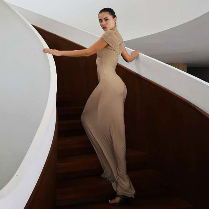 Women's Women Clothing Autumn Winter Elegant Sexy Slim Hollow Out Cutout Pleated Turtleneck Solid Color Dress