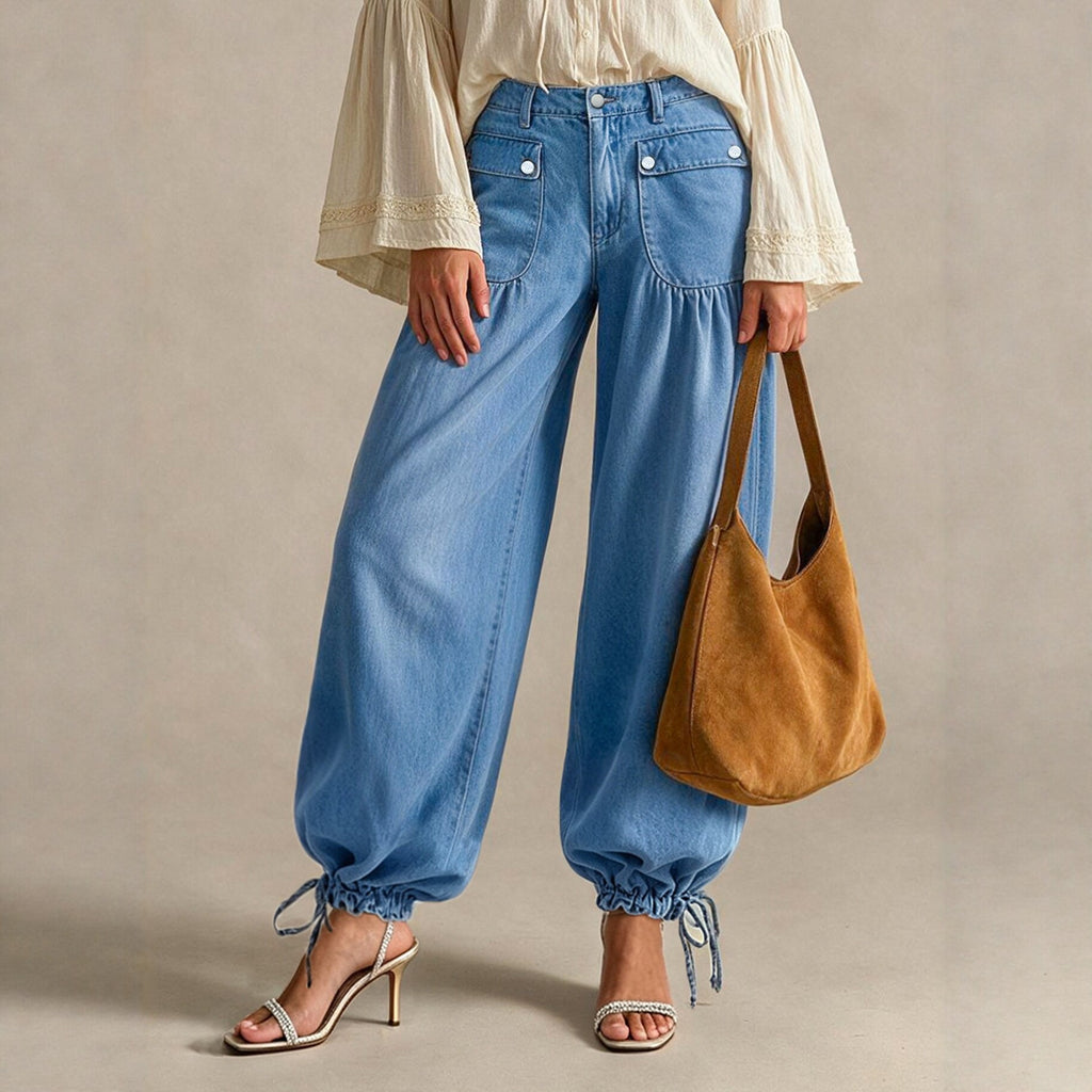 Elastic Waist Denim Bloomers Loose Drawstring Ankle Tied Wide Leg
