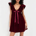 Velvet V-Neck Bow A-Line Mini Dress