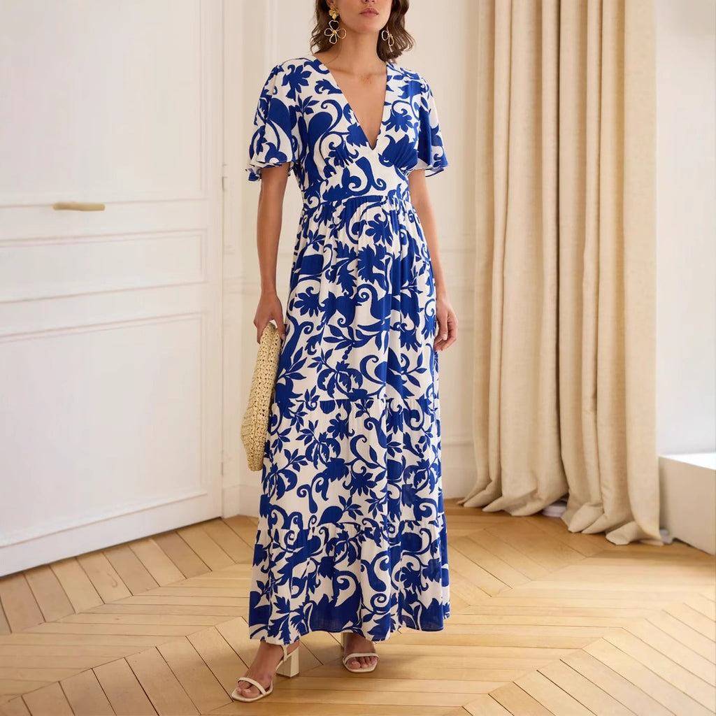 Women's Printed V-Neck Short-Sleeve Dress