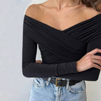 Women's Women Clothing Sexy Adult Lady Like Woman T Shirt Autumn Winter Boat Collar Off The Shoulder Elegant Short Top