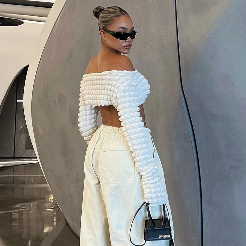 Women's Out Cutout Bubble Cropped Long Sleeve Off-Shoulder T-Shirt