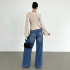 V neck Cross Waist-Controlled Long Sleeves Top Women Bell
