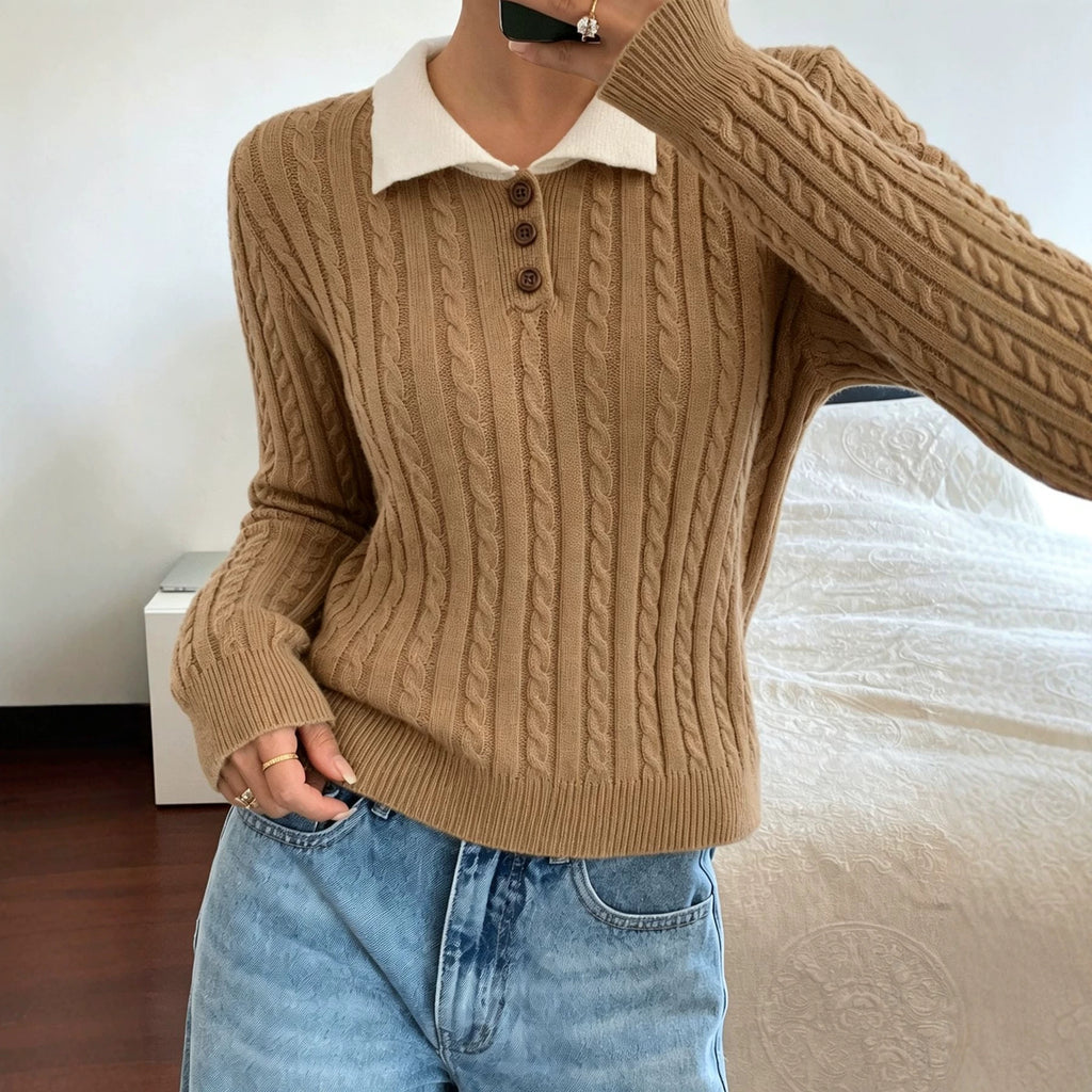 Women's Contrast-Collar Polo Knit Sweater