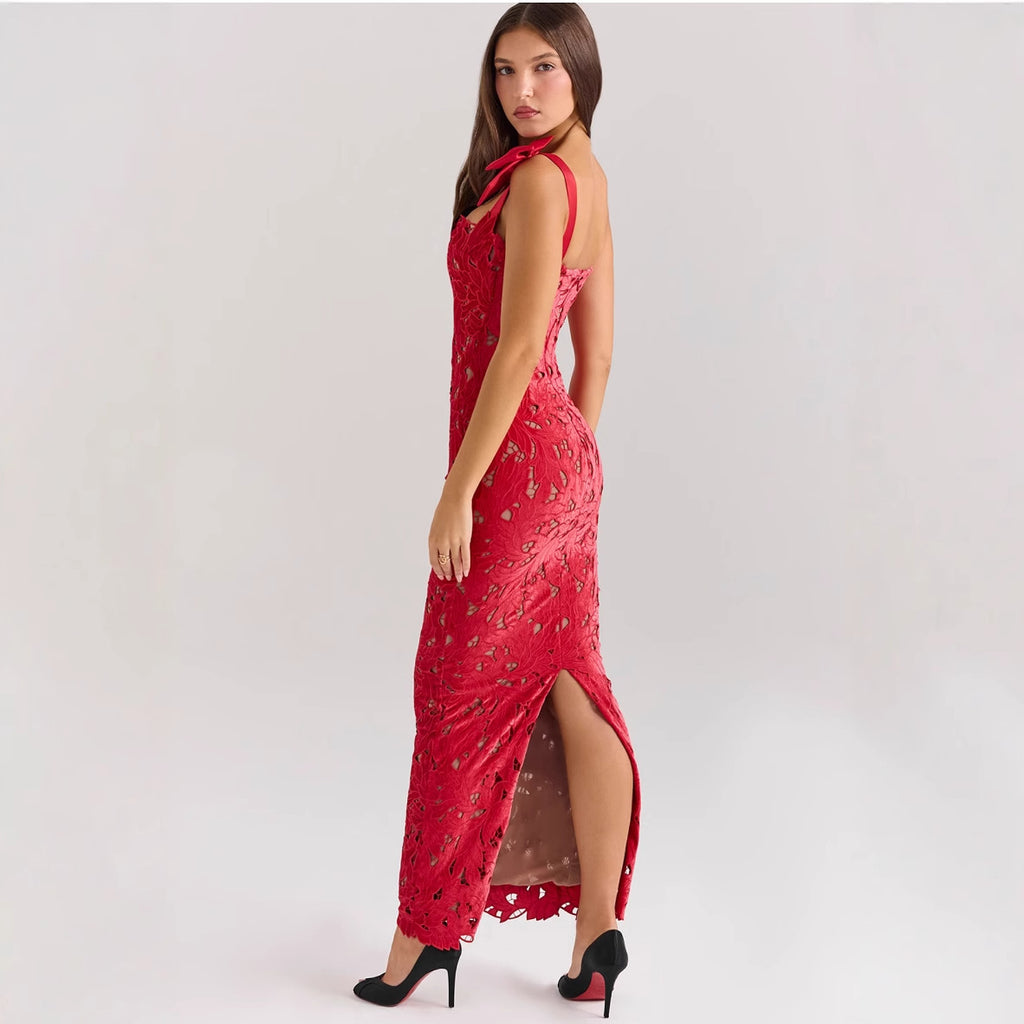 Embroidered Bow Spaghetti-Strap Split Maxi Dress