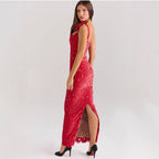Embroidered Bow Spaghetti-Strap Split Maxi Dress