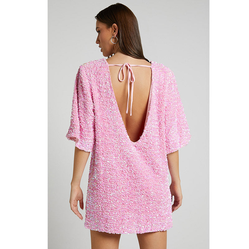 Women's Autumn Winter Velvet Sequin Elegant V Neck Dress