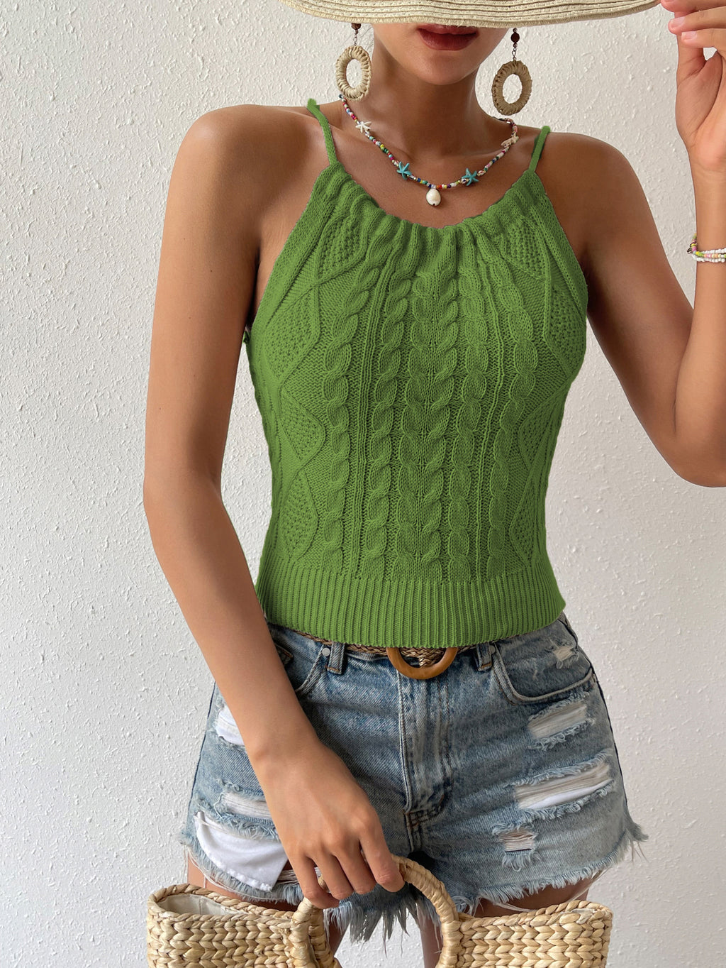 's Backless Hemp Pattern Lace-Up Halterneck Strap Top