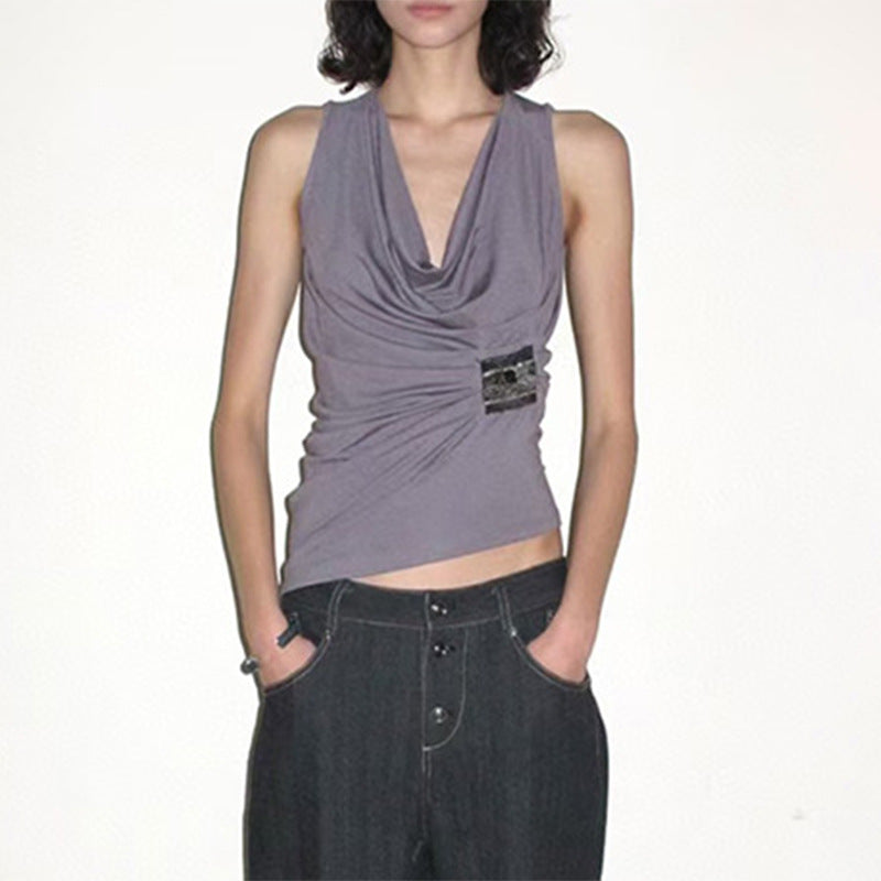 Women's Pleated Cowl Neck Sleeveless Top