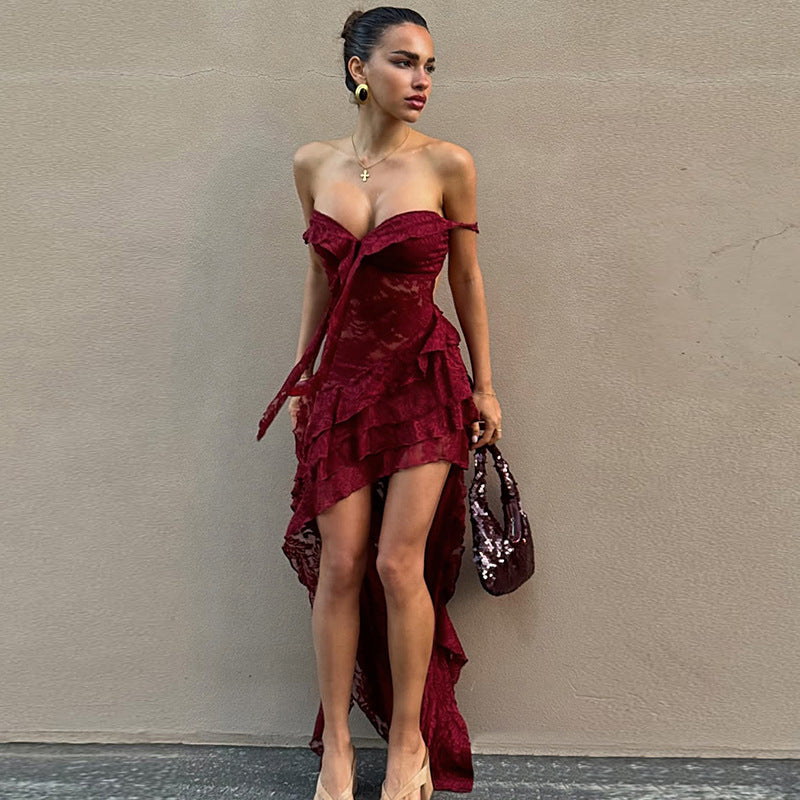 Women's Lace Asymmetric Ruffled Bodycon Maxi Dress