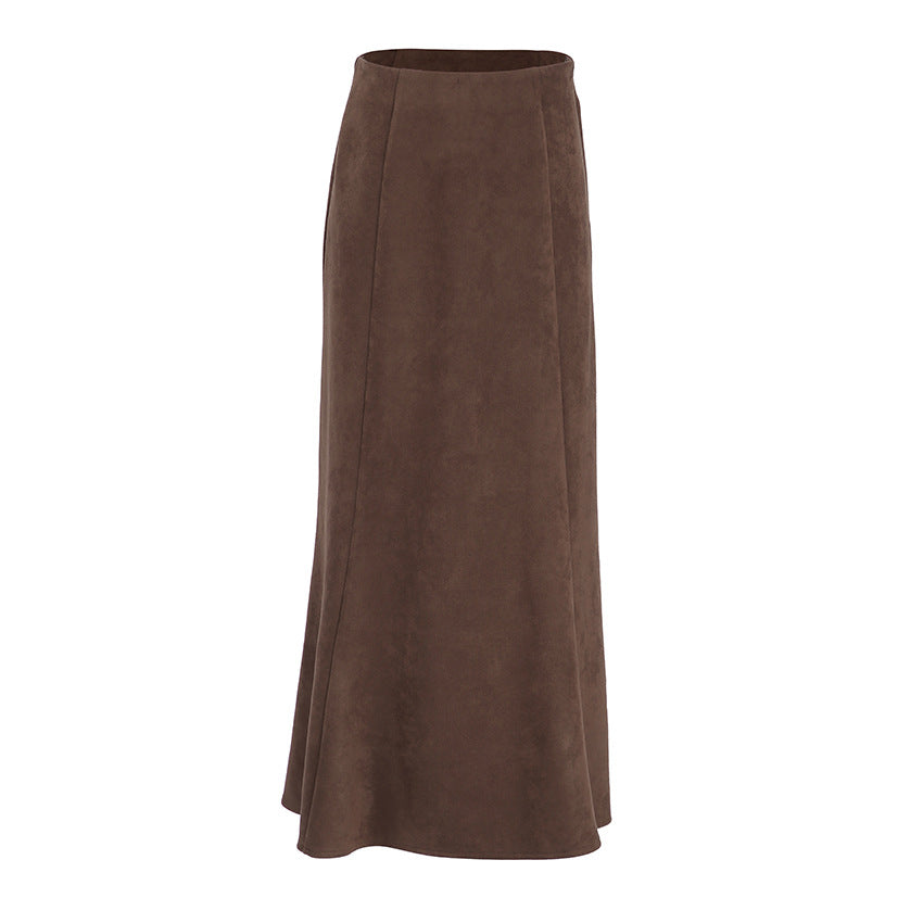 Autumn Winter Retro Knitted Brushed Velvet Khaki Slim Skirt