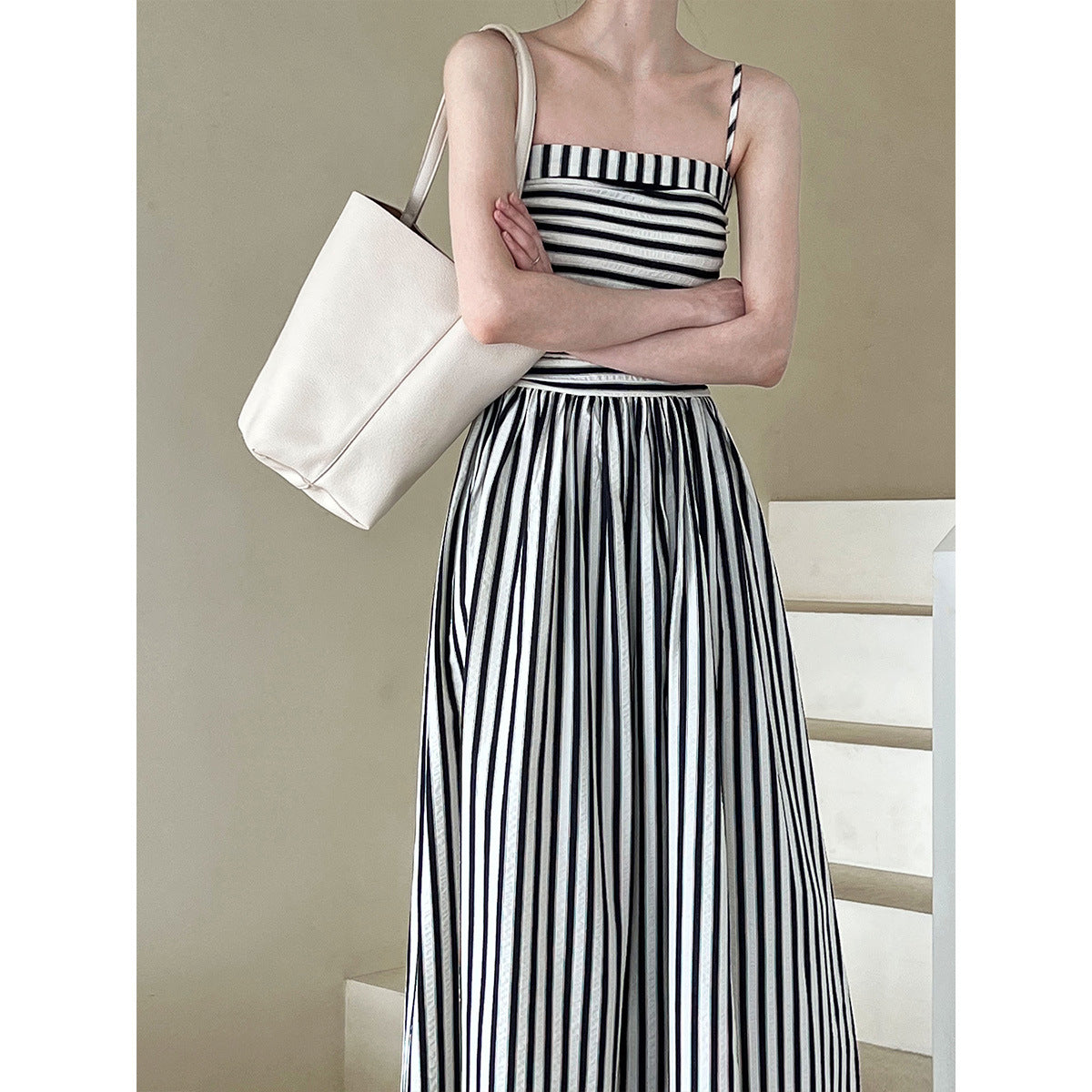 French Striped Bandeau A-Line Dress