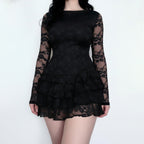 Sheer Lace Long-Sleeve Tiered A-Line Dress