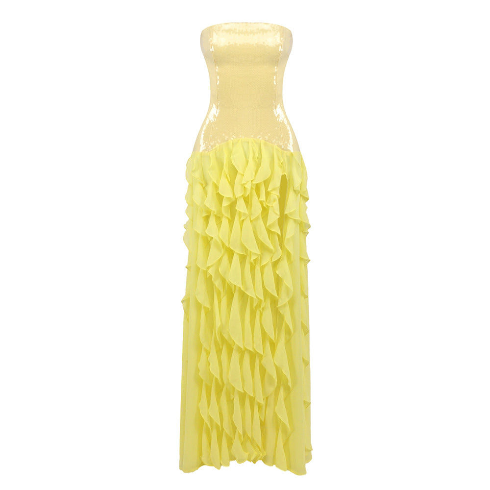 Women's French Tight Waist Yellow Strapless Dress Holiday Backless Summer Ruffles Tight Waist