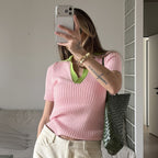 Contrast-Color Polo Knit Top