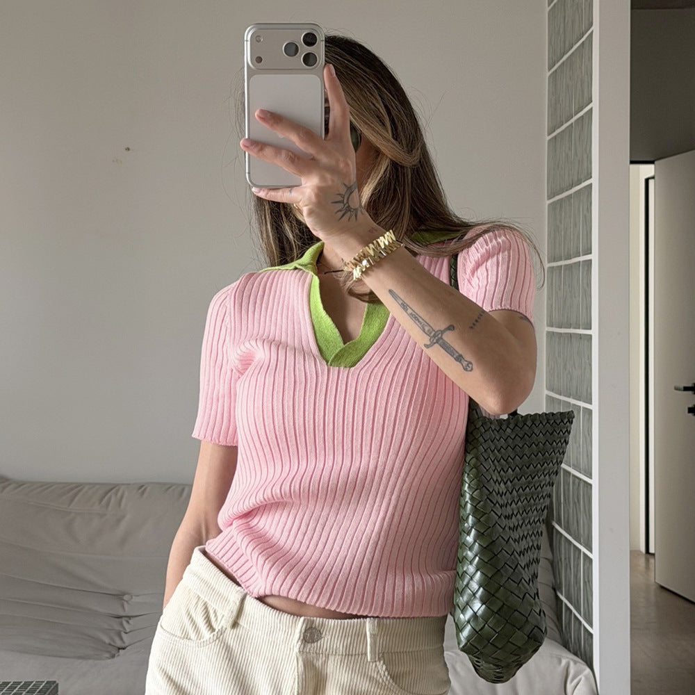 Contrast-Color Polo Knit Top