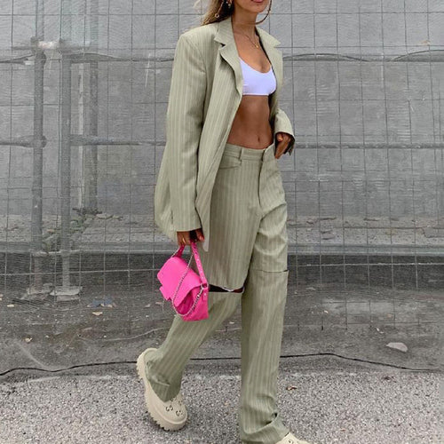 Striped Loose Women Spring Autumn Casual Jacket Trousers Two Piece Set