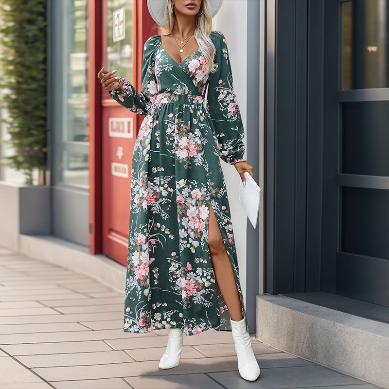 Fall Long Sleeve V-Neck Printing Dress