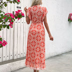 Women's Floral V-Neck Ruffled Wrap Maxi Dress