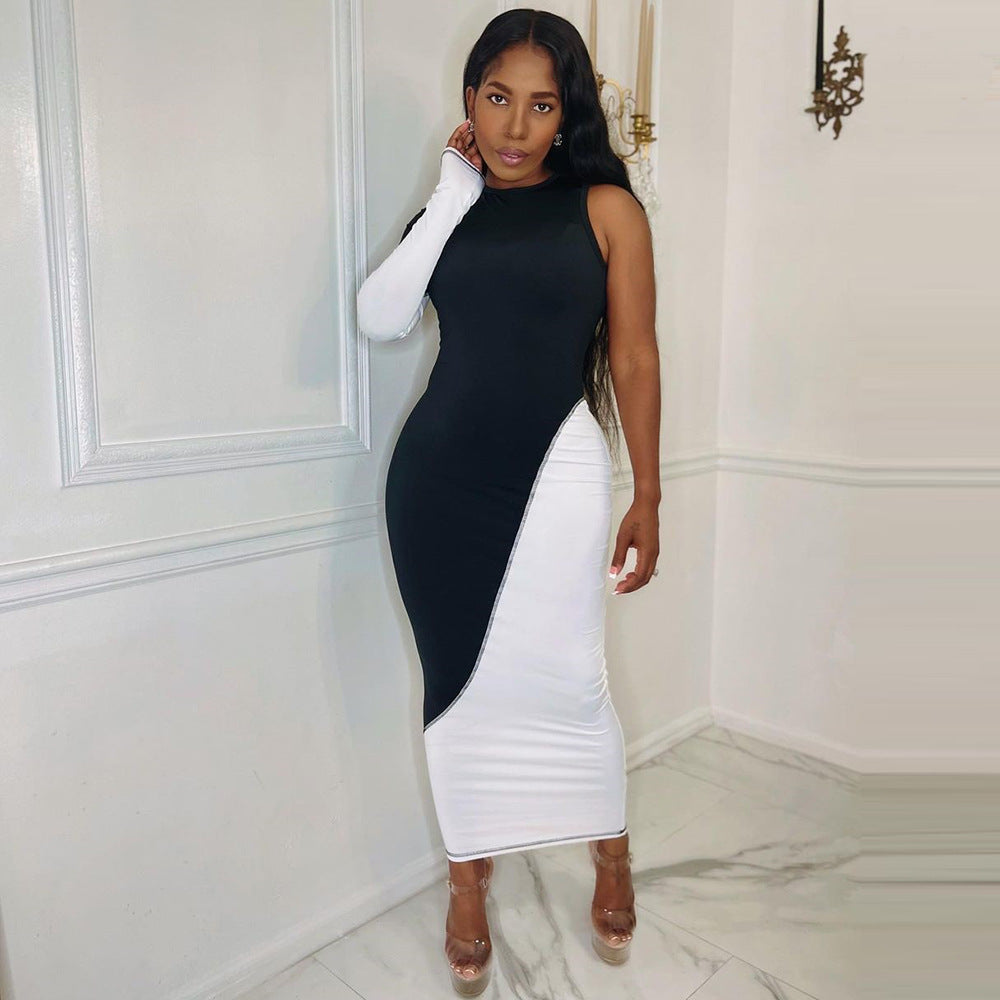 Spring Summer Contrast Color Slim Fit Single Side Long Sleeve Maxi Dress
