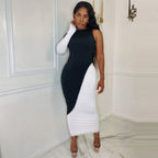 Spring Summer Contrast Color Slim Fit Single Side Long Sleeve Maxi Dress