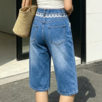 Lace Stitching Lace HW Denim Shorts Women Loose Straight