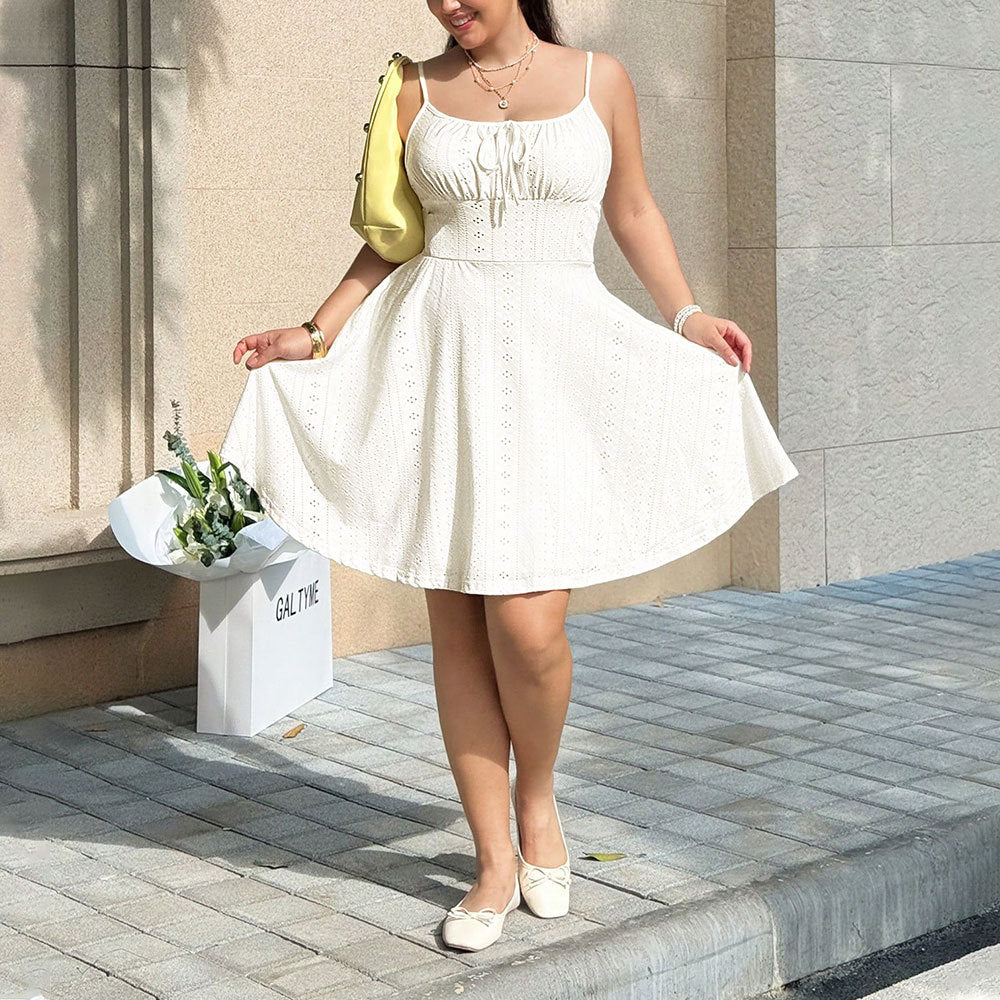 Women's Plus Size Summer White Suspender Hollow Out Dress