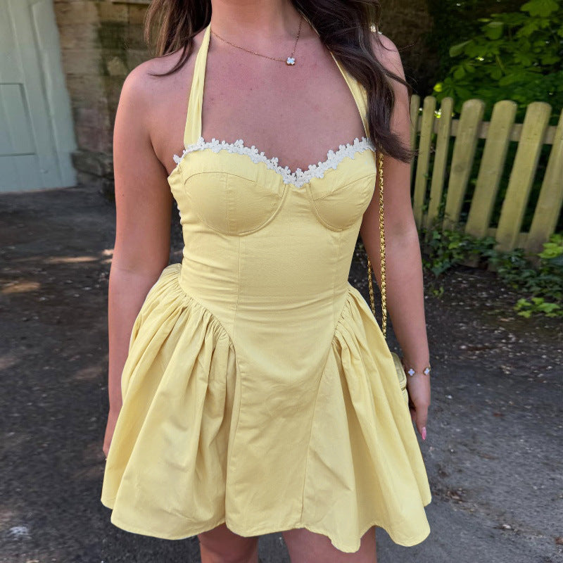 Square-Neck Elegant Backless Solid-Color Halter Waist Dress