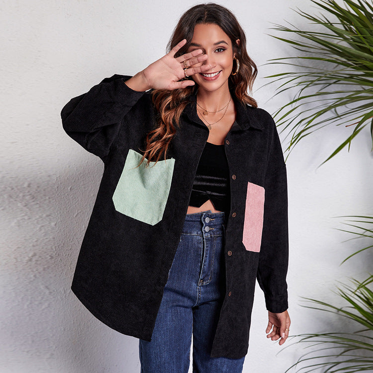 Women's Loose Corduroy Shirt Mid-Length Patchwork Pocket Drop-Shoulder Long-Sleeve Thin New