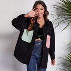 Women's Loose Corduroy Shirt Mid-Length Patchwork Pocket Drop-Shoulder Long-Sleeve Thin New