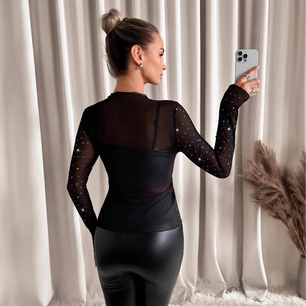 Sheer Mesh Rhinestone Long Sleeve Top