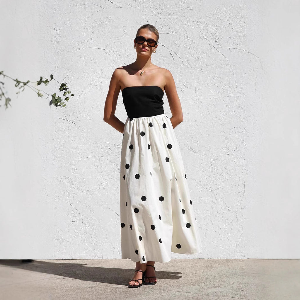 Polka-Dot Printing Stitching Wrapped Chest A-Line Maxi Dress