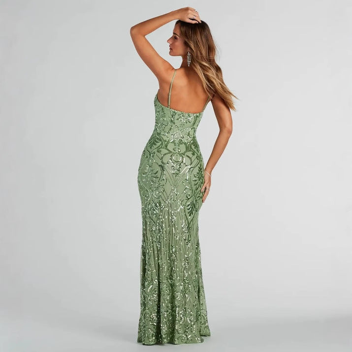 Women's Sequin Strap Backless High-Slit Dress